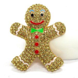Adorable Crystal Rhinestone GINGERBREAD BROOCH PIN Multi-Color Enamel Accents